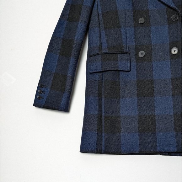 MAJE Goldan Coat Tailored Plaid Oversized Double Breasted Blazer Blue Black Wool - Picture 7 of 16